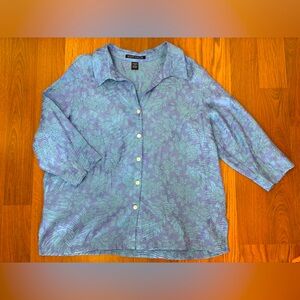 SCOTT TAYLOR Women's 2X Button Up Crinkle Blue Green Lightweight 3/4 Long Sleeve